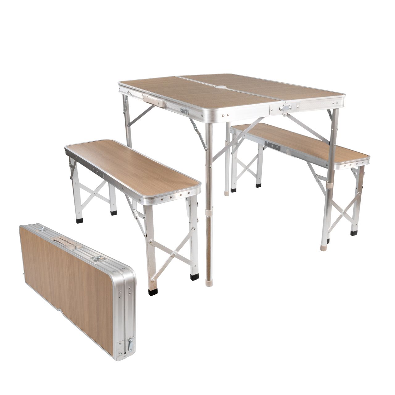 Lemodo Klapptisch mit 2 Bänken, Campingtisch klappbar aus Aluminium mit Sonnenschirmhalter