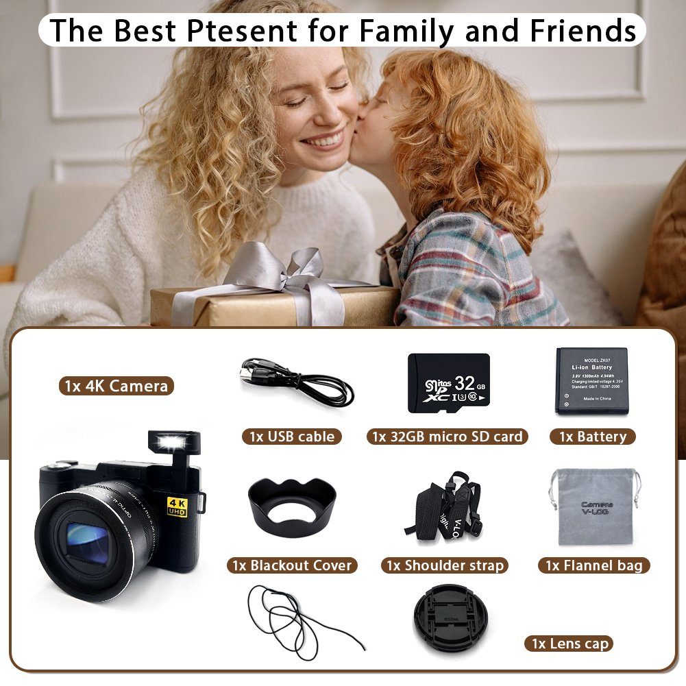 A Ade 4K Digitalkamera, 48MP Kameras Fotokamera mit 3,0 Zoll Bildschirm Kompaktkamera (Wide D120 H88 V63, 48 MP, 5x opt. Zoom, inkl. 32GB TF-Karte, 8x Digitalzoom)