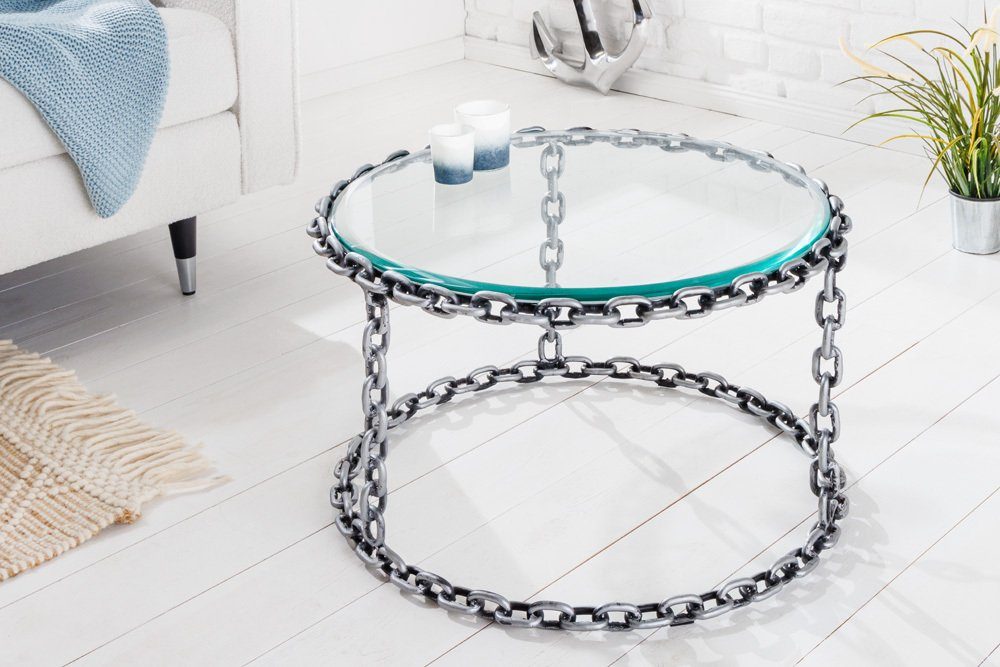 riess-ambiente Couchtisch CHAINS 65cm transparent / silber (Einzelartikel, 1-St), Wohnzimmer · Glas · Metall · Handarbeit · Kettengestell · Industrial