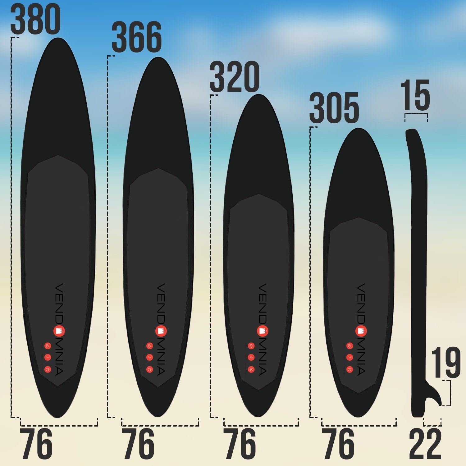 VENDOMNIA Inflatable SUP-Board Set - aufblasbar, Zubehör, Pumpe, Tragetasche, Stand Up Paddle Board, (15 cm dick, 3 PVC Schichten, max 130 kg, 7 Farben, 4 Größen 305cm 320cm 366cm 380cm, Paddling board, Paddelboard, Surfboard)