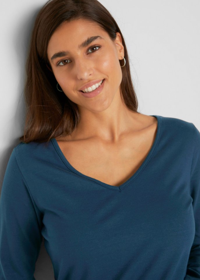 Langarmshirt mit V-Ausschnitt (2er Pack)