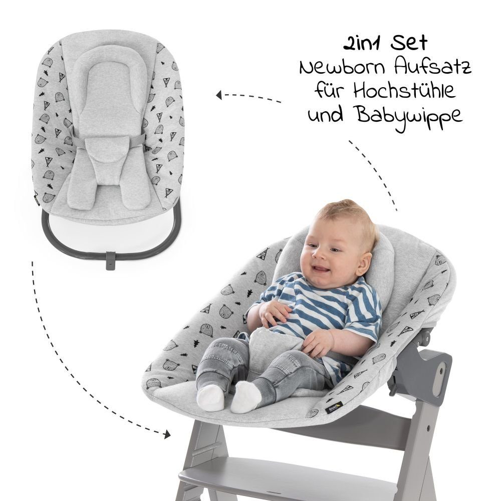 Hauck Hochstuhl Alpha Plus Grau XL Newborn Set (Set, 5 St), Babystuhl ab Geburt, Aufsatz für Neugeborene, Essbrett, Sitzauflage