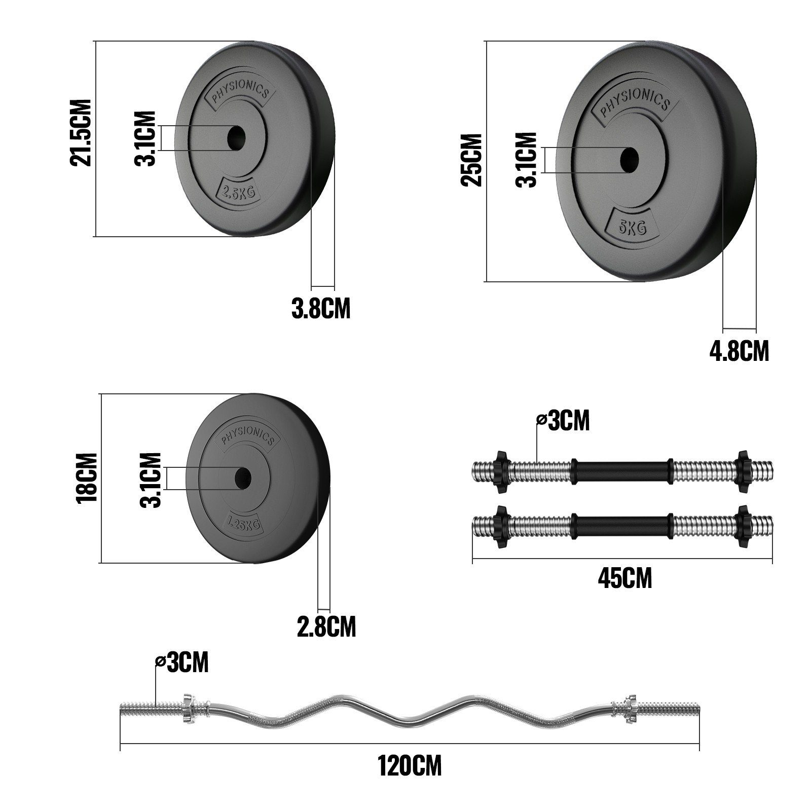 Physionics Hantel-Set SZ Stange Kurzhantelstangen Gewichte Hanteln Curlstange