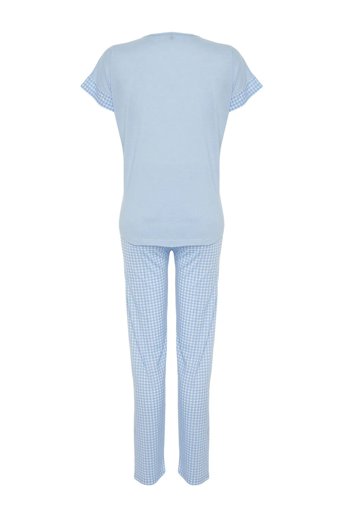 Trendyol Collection  Blaues Pyjama-Set aus Strick mit Gingham-Muster und Slogan-Aufdruck THMSS24PT00364