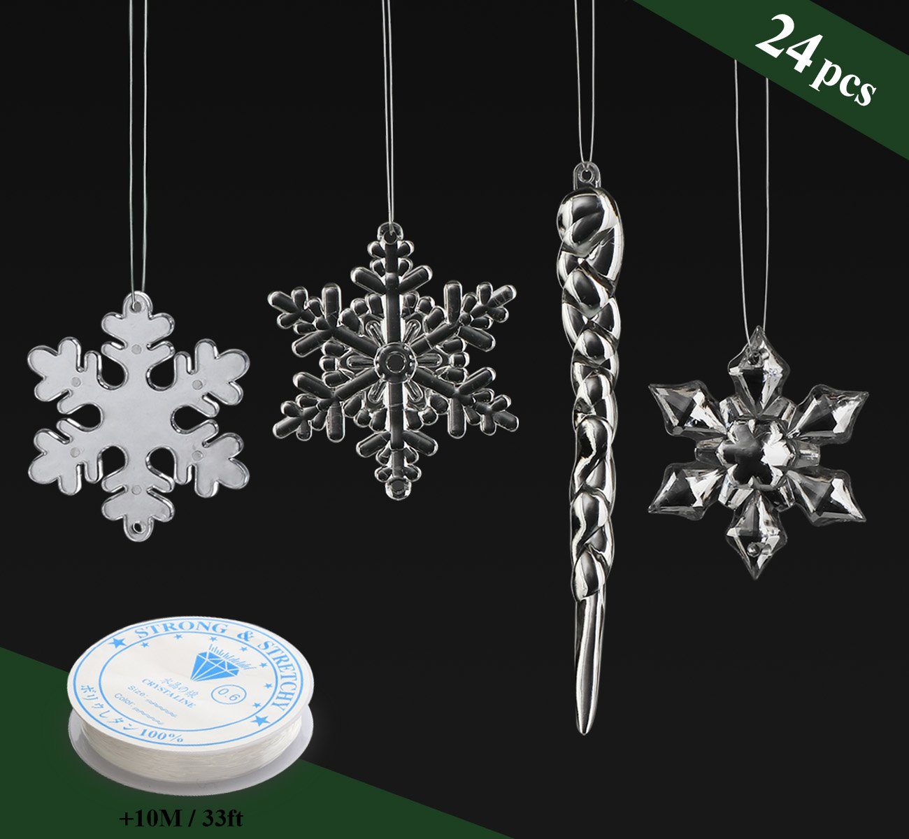 Homewit Christbaumschmuck 24tlg hängende Acryl Schneeflocke und Eiszapfen Ornamente