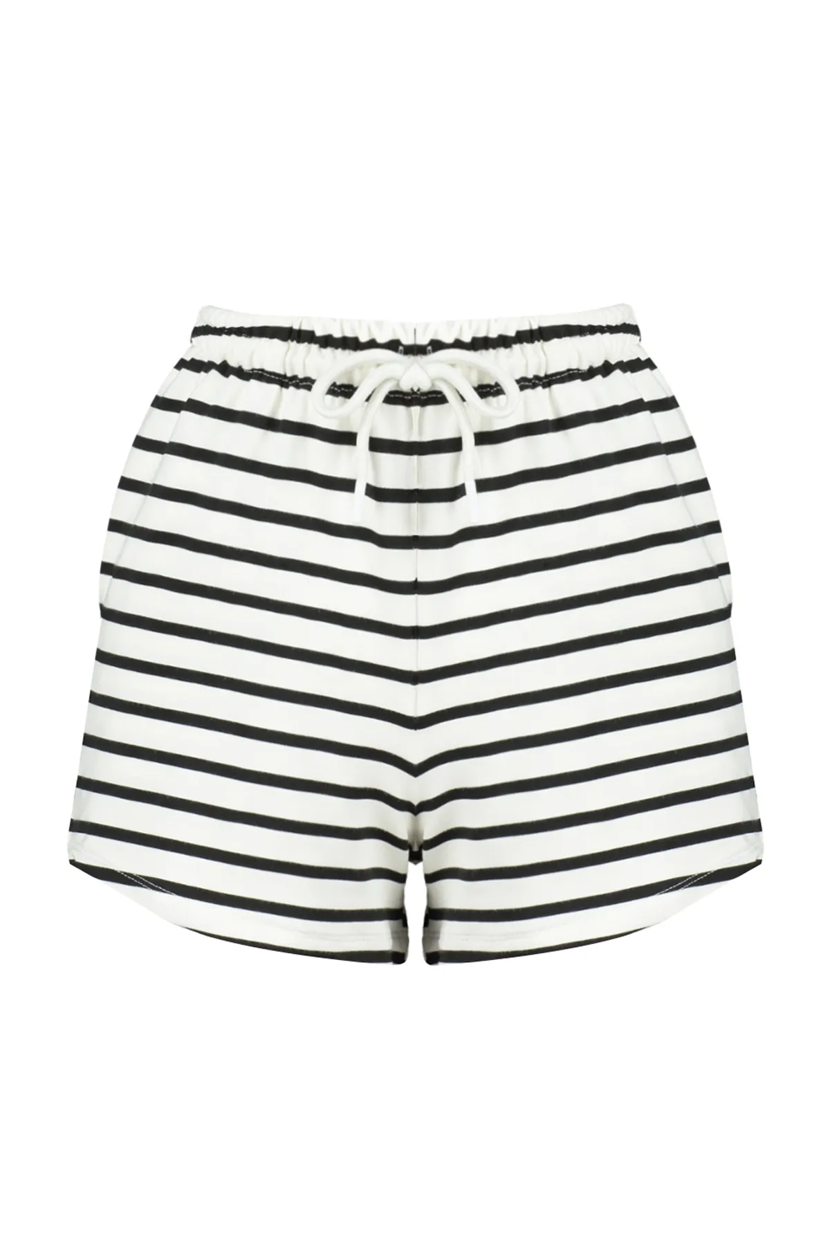 Trendyol Collection  Schwarze gestreifte Basic-Shorts und Bermuda aus weichem Strick mit elastischem Bund und Knöpfen TWOSS24SR00042