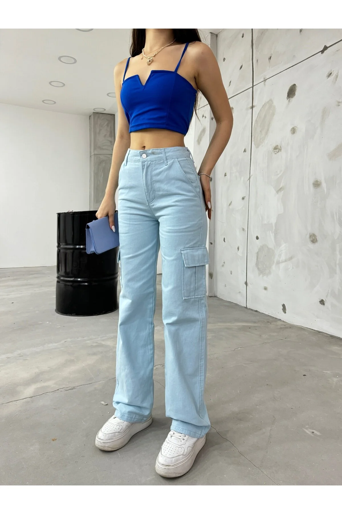 BİKELİFE  Babyblaue Cargohose für Damen mit hoher Taille und weitem Bein