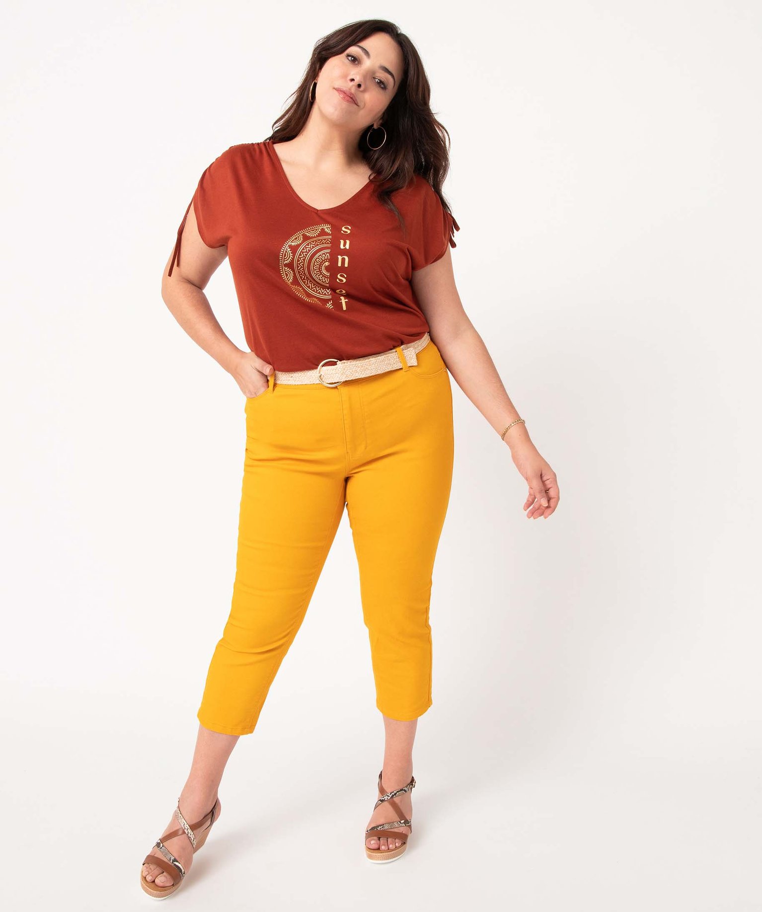 Pantacourt femme grande taille en twill coloré avec ceintur... jaune | GEMO