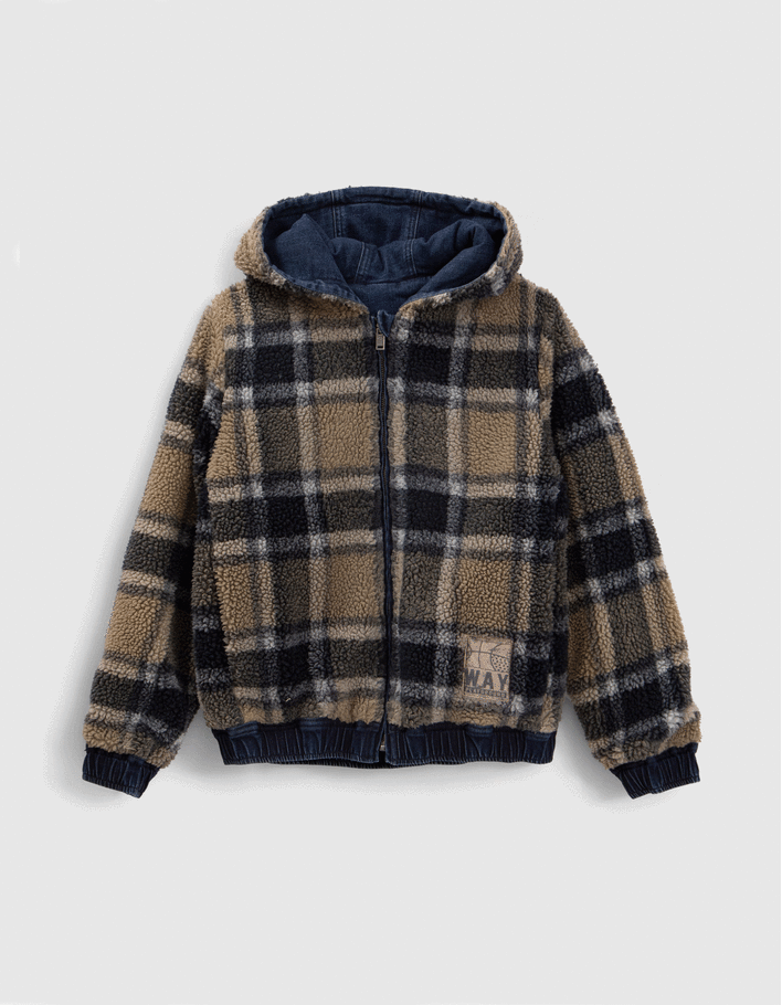 Blouson réversible jean bleu et Sherpa carreaux garçon