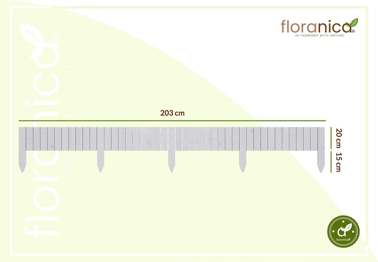 Pemicont Floranica Rollborder II Flexibler Holzzaun 203cm Höhe: 20cm Weiß Imprägniert Kiefernholz Beeteinfassung Rasenkante Beetumrandungen