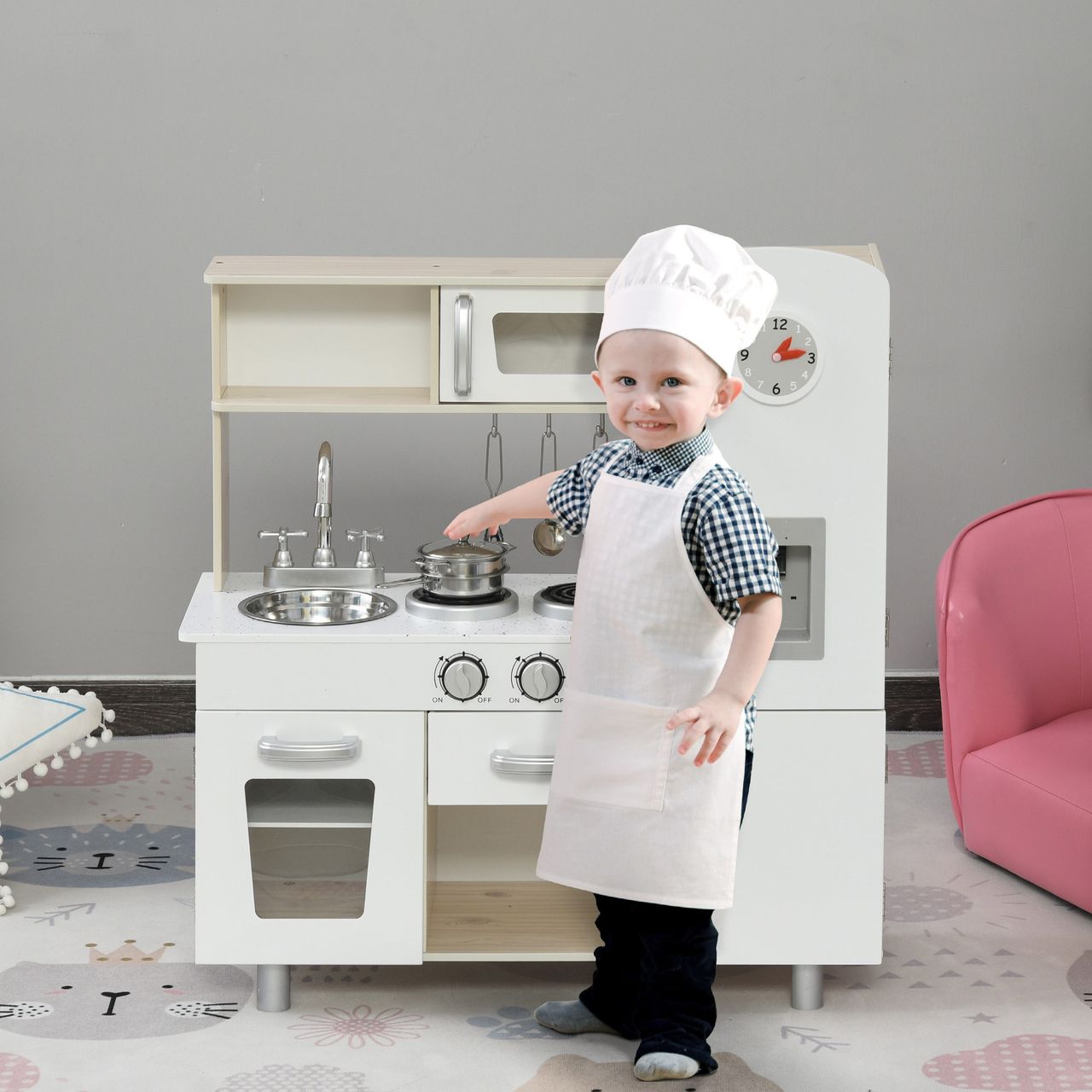 HOMCOM Kinderküche mit Zubehör, Traumküche, Spielküche, Spielzeugküche für 3 Jahre , Kiefer, MDF, Weiß, 74 x 30 x 81 cm