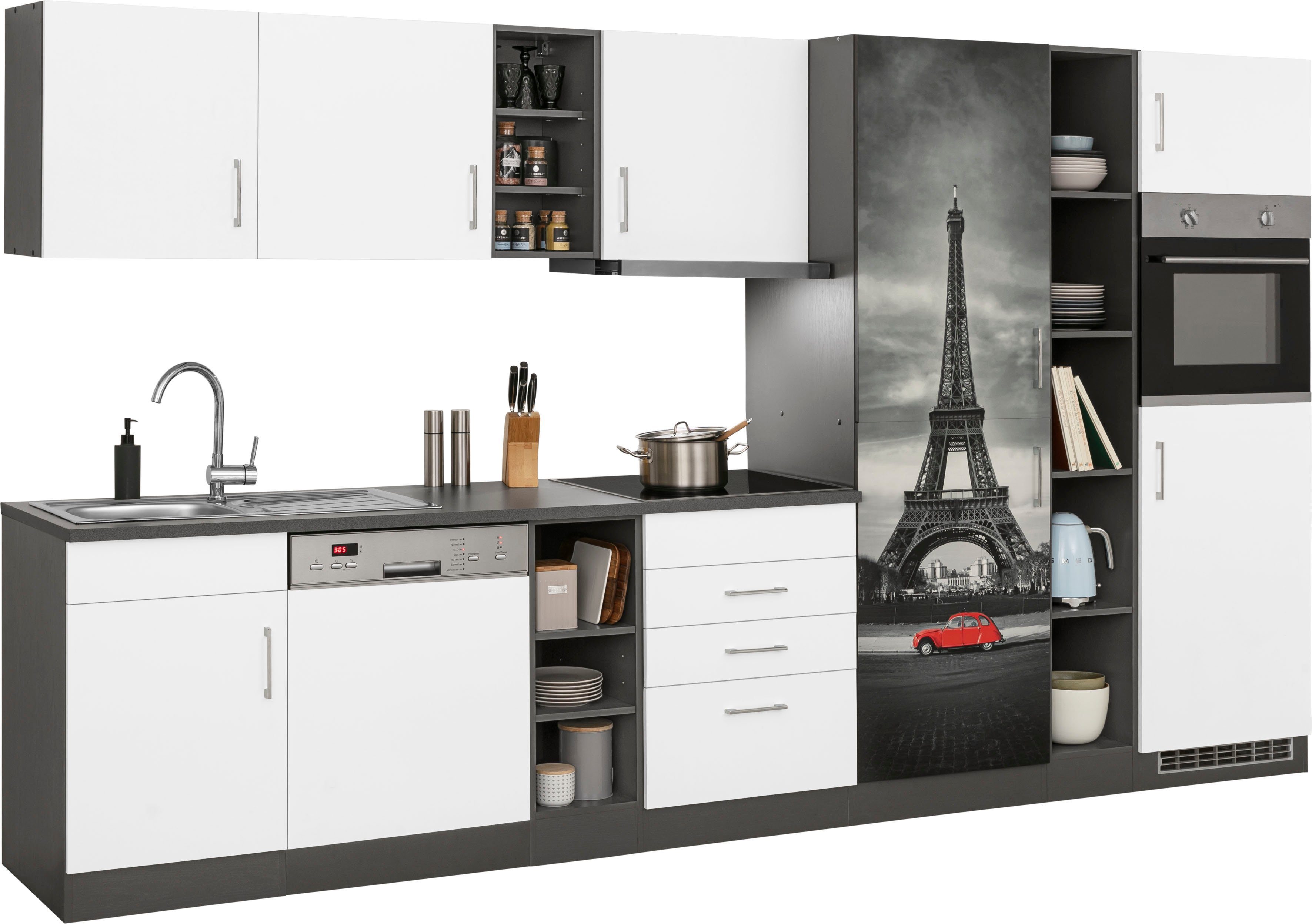 HELD MÖBEL Küchenzeile Paris, mit E-Geräten, Breite 350 cm, wahlweise mit Induktionskochfeld