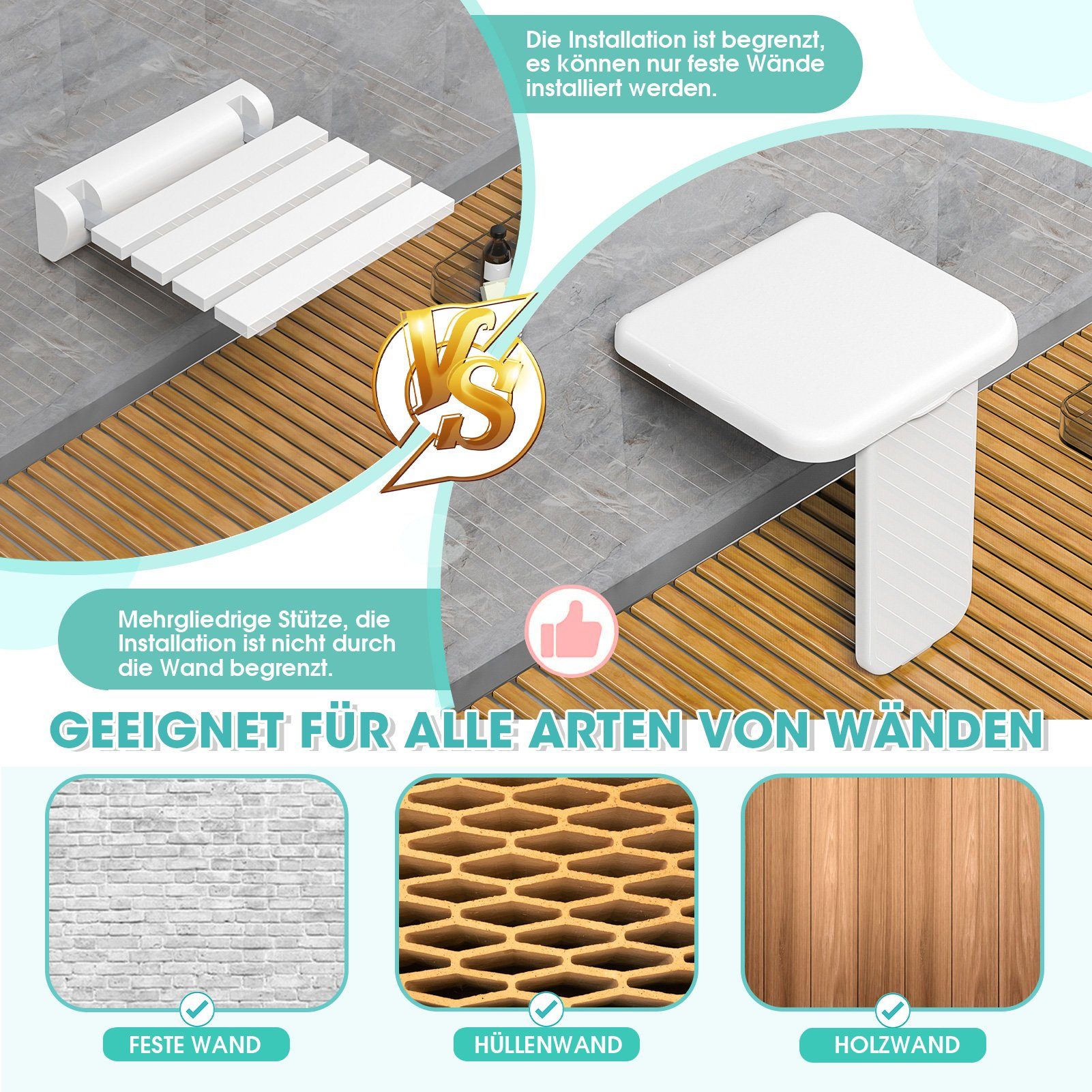 HEUFFE Duschklappsitz zur wandmontage, für Senioren, klappbar, rechteckig, modern, belastbar bis 200,00 kg, EUIPO-zertifiziert
