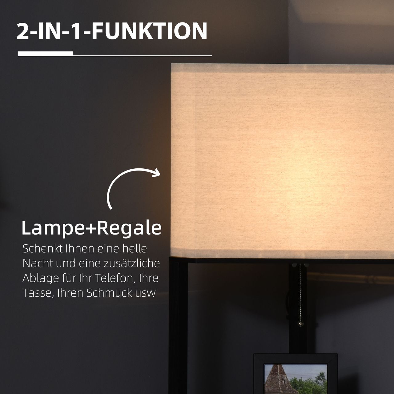 HOMCOM Stehlampe Stehleuchte mit 3 Fächern, 40 W Standlampe mit E27 Fassung Weiß