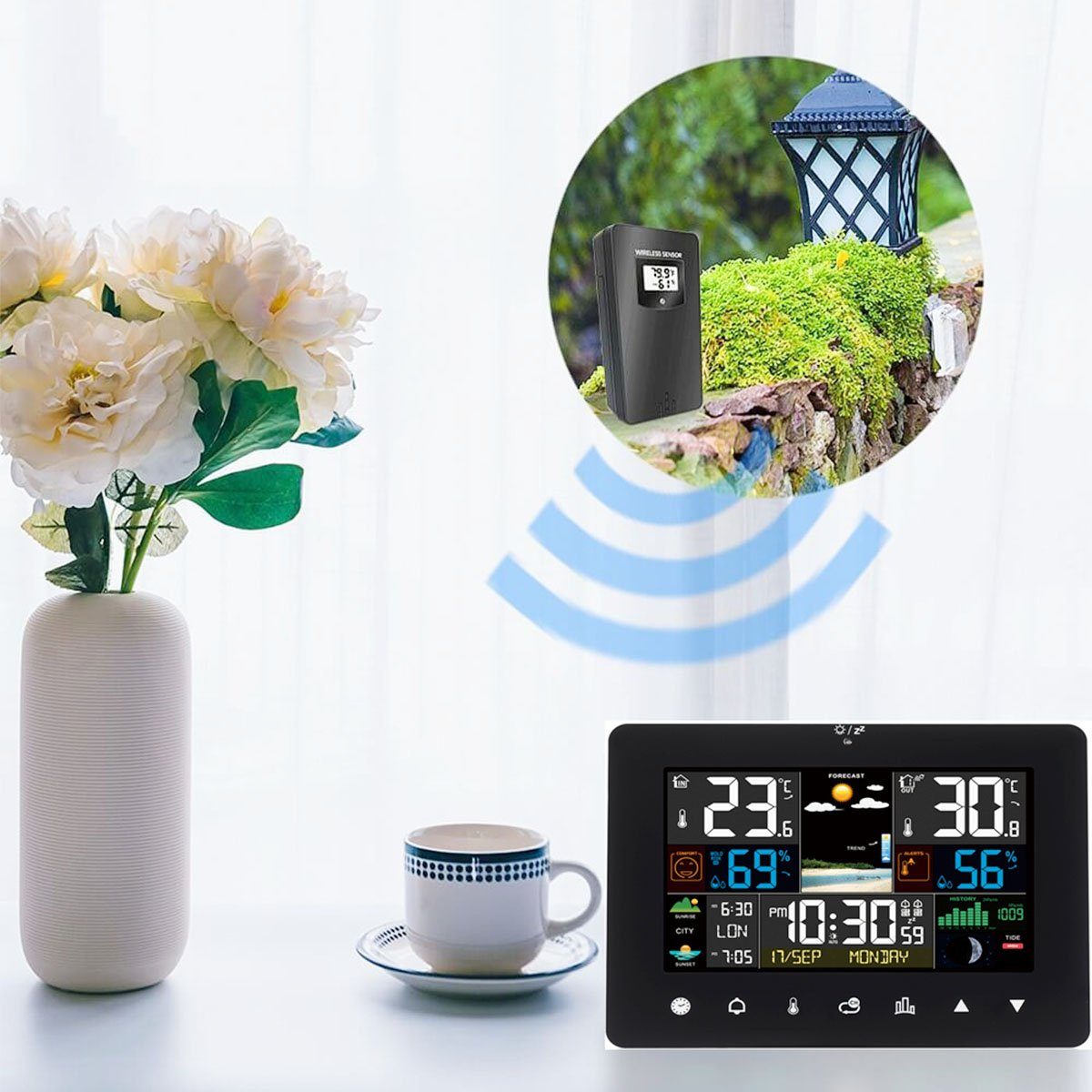 oyajia LED Wetterstation mit Funk-Außensensor, mit Kalender Wetterstation (Kalender Thermometer Hygrometer Farbdisplay)