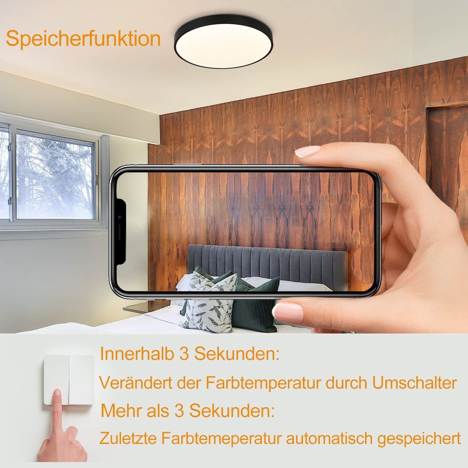 Nettlife LED Panel Schwarz 30W Deckenlampe IP44 Wasserdicht Flach Rund ‎28 x 28 x 2,5 cm, Dimmbar mit Fernbedienung, LED fest integriert, Warmweiß, Neutralweiß, Kaltweiß, für Badzimmer Wohnzimmer Küche Schlafzimmer Flur Büro