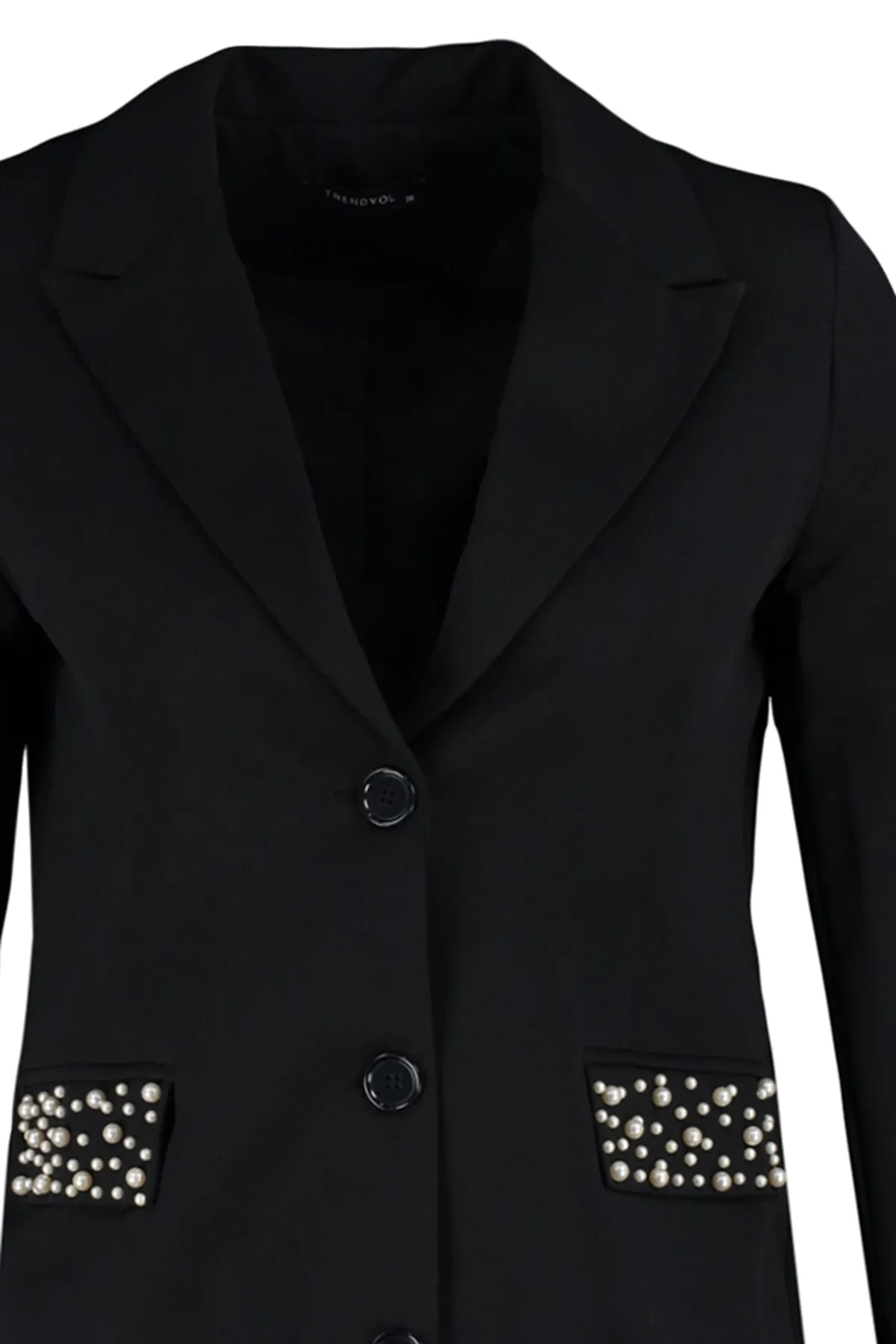 Trendyol Modest  Schwarze, gewebte, gefütterte Jacke mit Perlendetail auf der Tasche TCTSS23CK00096