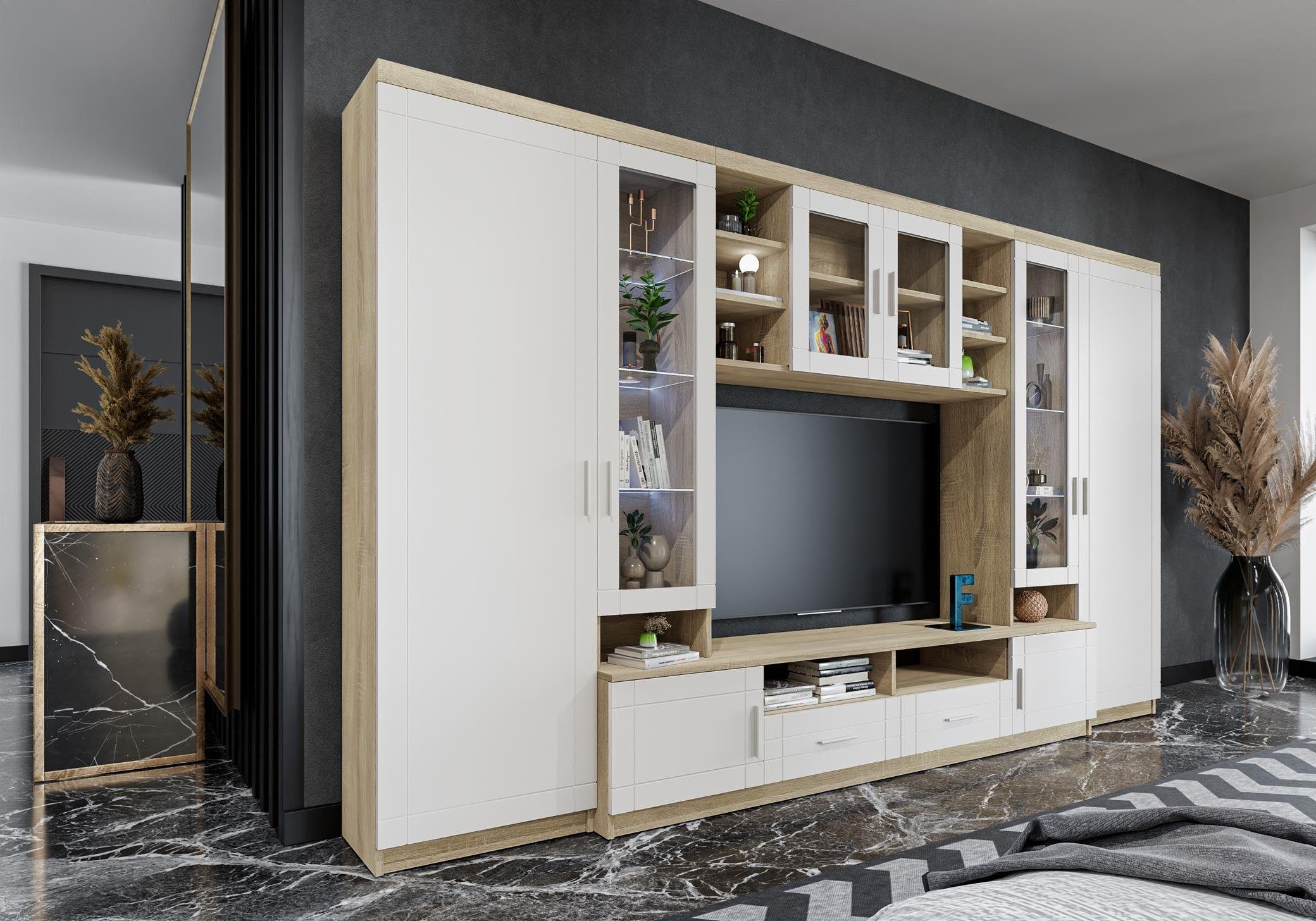 Furnix Wohnwand PALLOMA Schrankwand multifunktionell, 2 Hochschränke, TV-Schrank, Hängeschrank, B340 x H198 x T44 cm