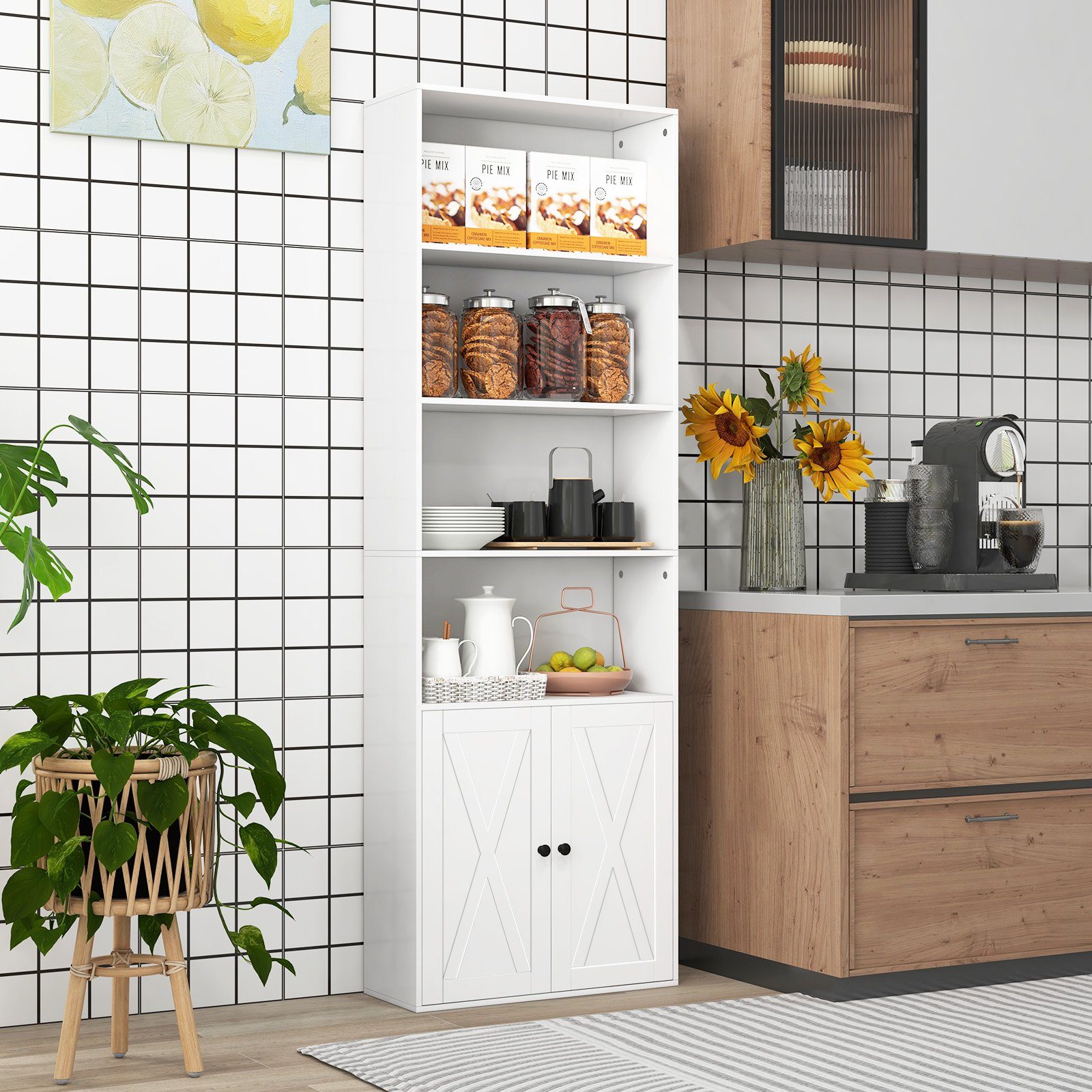 COSTWAY Bücherregal, 180cm Bücherschrank mit Türen & 4 offenen Fächern