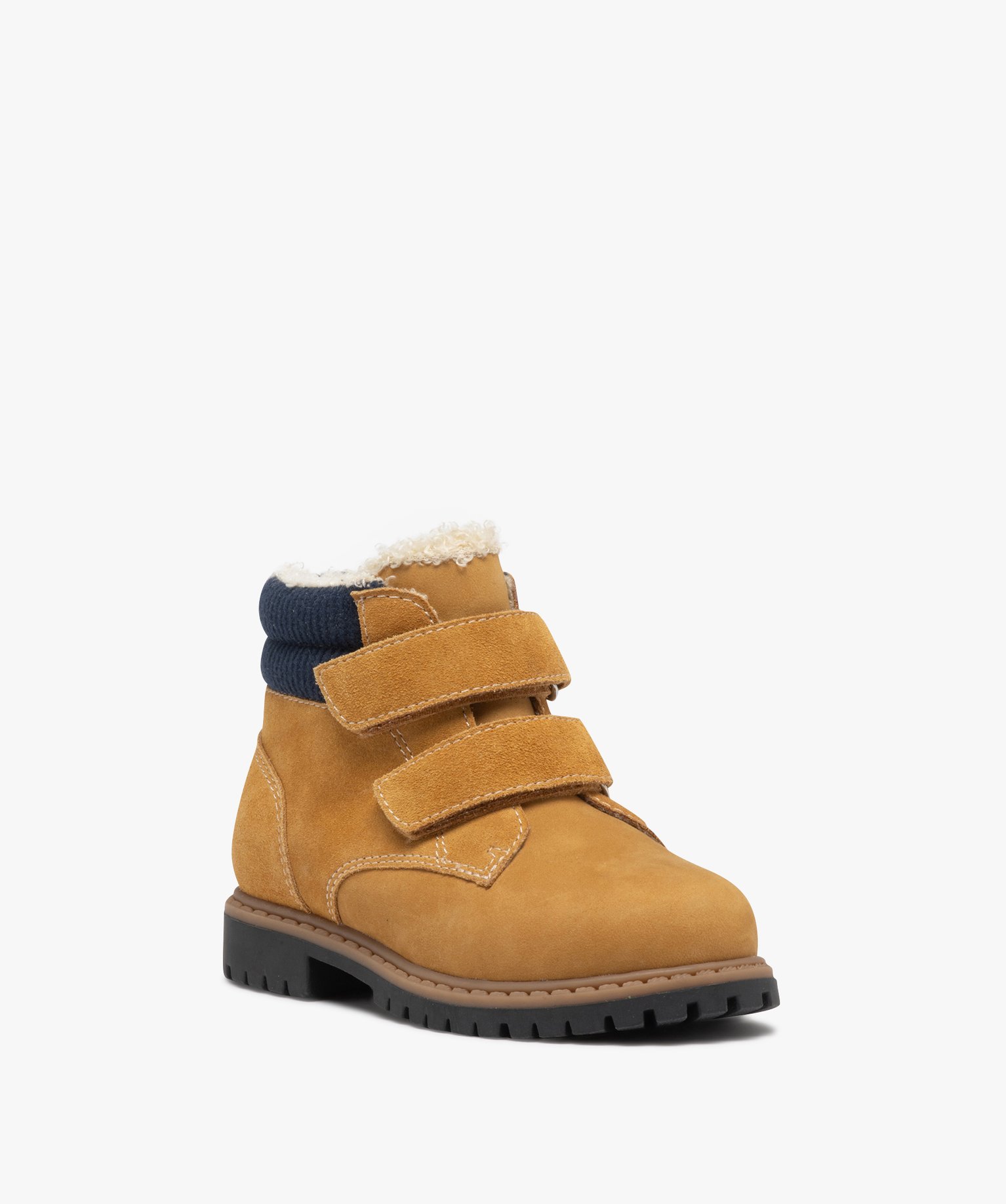 Boots Garçon unies à col fourré et à double scratch camel | GEMO