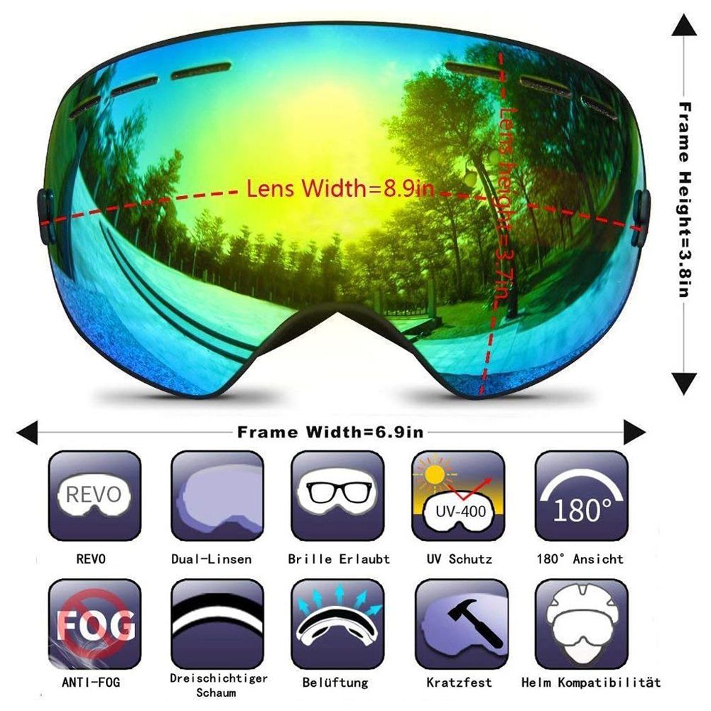A Ade Snowboardbrille Skibrille Doppel-Objektiv UV-Schutz Anti-Fog, (Snowboardbrille für Damen, Herren, Jungen, Mädchen), UV Schutz, mit Anti-Beschlag-Funktion, mit Anti-Beschlag-Beschichtung