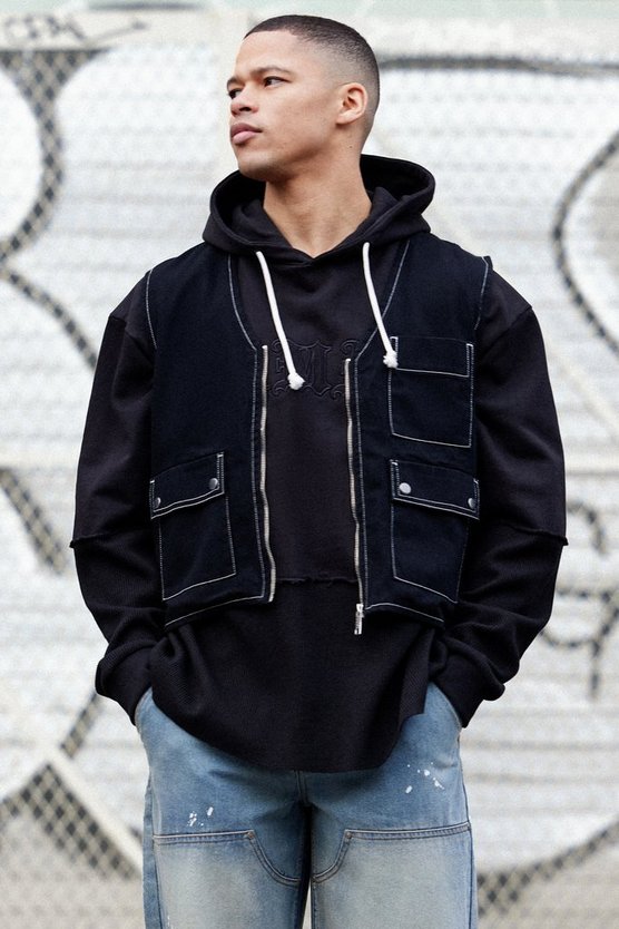 Schwarz Twill Utility-Tanktop mit Kontrast-Naht
