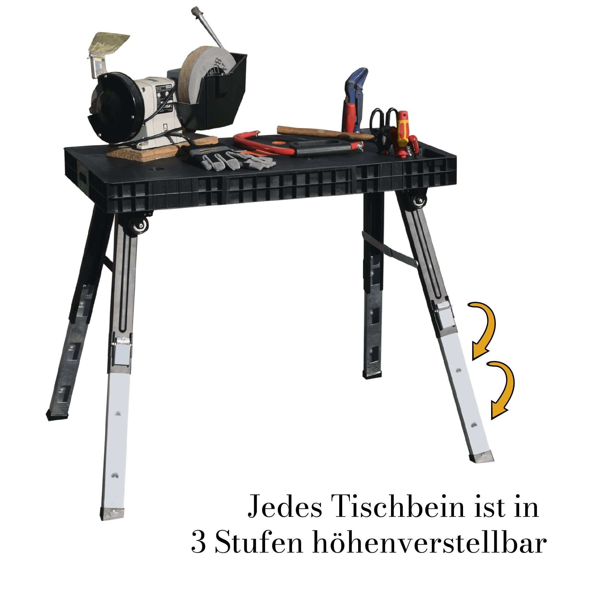 TECH-CRAFT Werkbank Werkbank 5-in-1 Montagetritt Rollwagen/Montageliege Sägebock, (1 Stück), 3-Fach höhenverstellbar