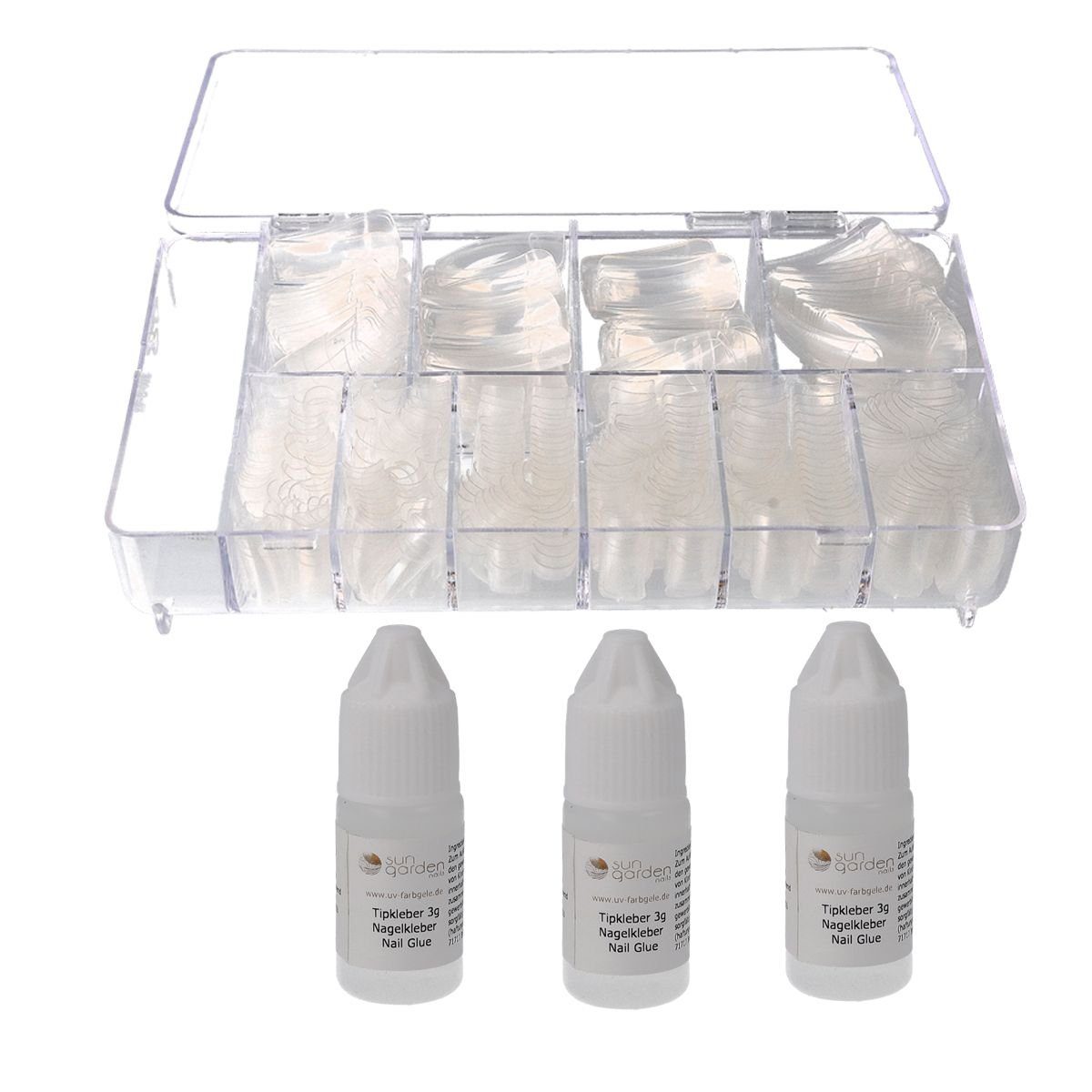 Sun Garden Nails Nageldesign Zubehör Tipbox500 transparent inkl. 3 x 3g Tipkleber - Nail Tips-Tip Kleber- N