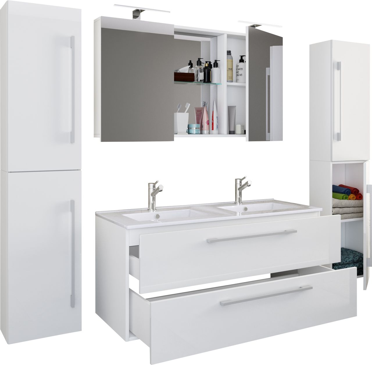 VCM 5-tlg. Waschplatz Budasi Spiegelschrank mit 2 Hochschränken Weiß