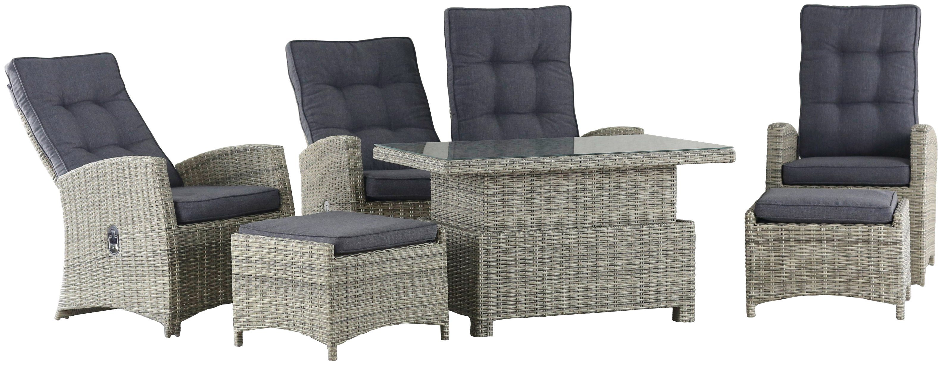 KONIFERA Gartenlounge-Set Monaco, (Set, 16-tlg., inkl. Auflagen, Alu, Polyrattan), höhenverstellbarer Tisch 43,5 - 66,5 cm