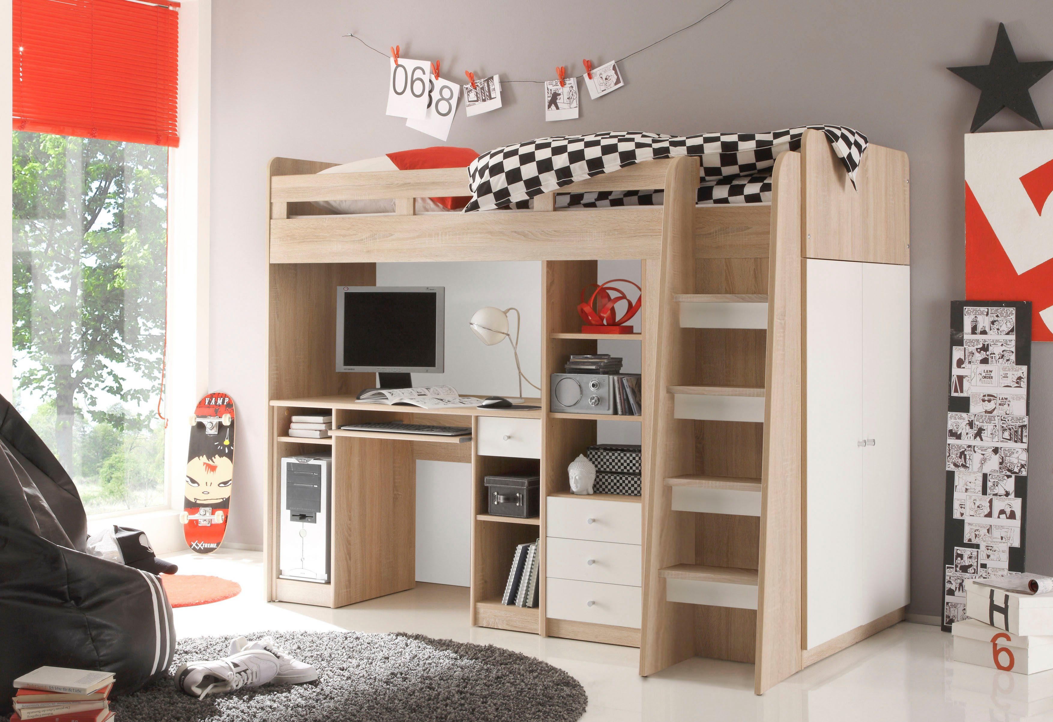 Begabino Hochbett Unit mit Kleiderschrank, Schreibtisch und Schubladen