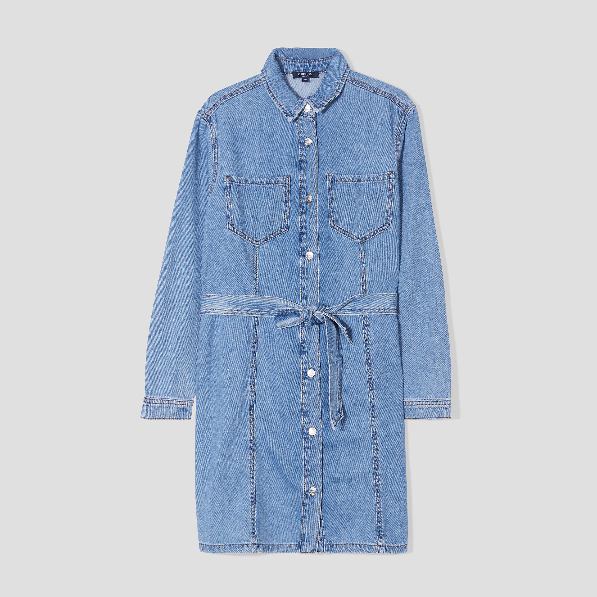Robe chemise droite ceinturée en jean denim double stone femme | La Halle