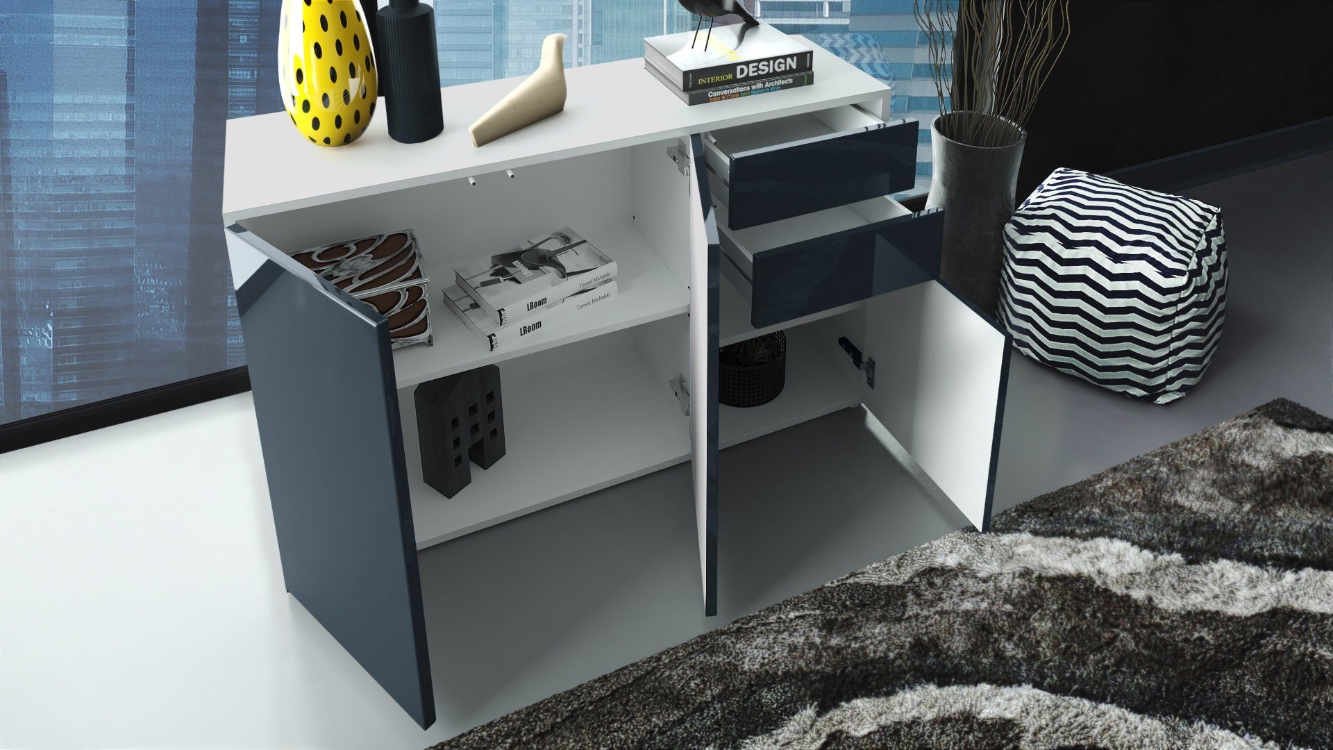 Vladon Kommode Ben (Kommode, mit 3 Türen und 2 Schubladen), Weiß matt/Weiß matt (117 x 74 x 36 cm)