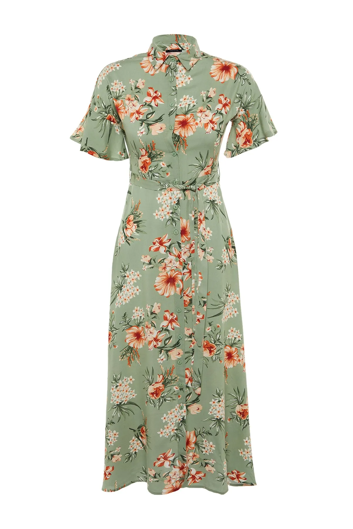 Trendyol Collection  Mehrfarbiges, gewebtes Maxi-Hemdkleid aus Viskose mit Blumendruck und Gürtel TWOSS19EL0094
