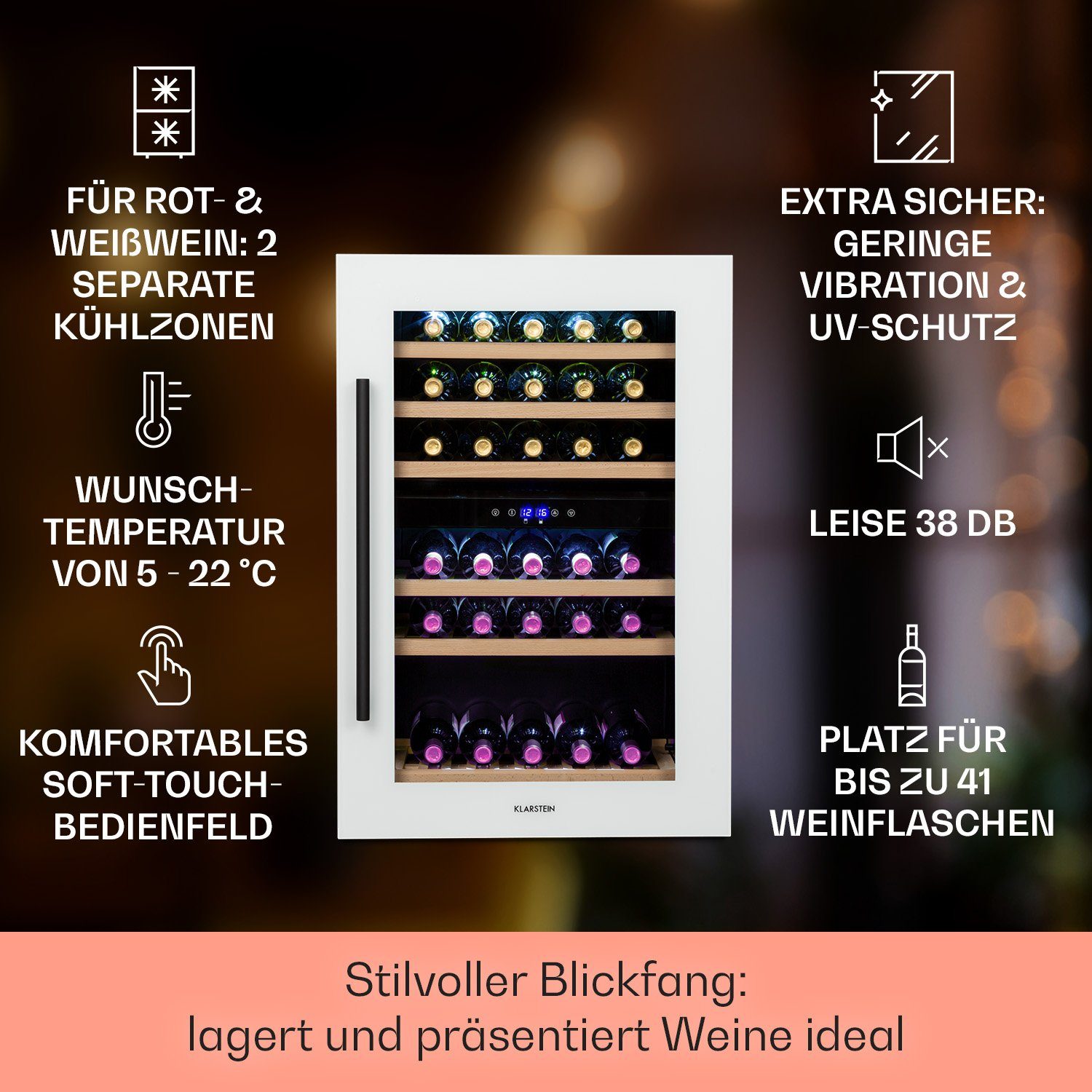 Klarstein Weinkühlschrank Vinsider, für 41 Standardflaschen á 0,75l,2 Zonen Wein Flaschenkühlschrank Weintemperierschrank Weinschrank