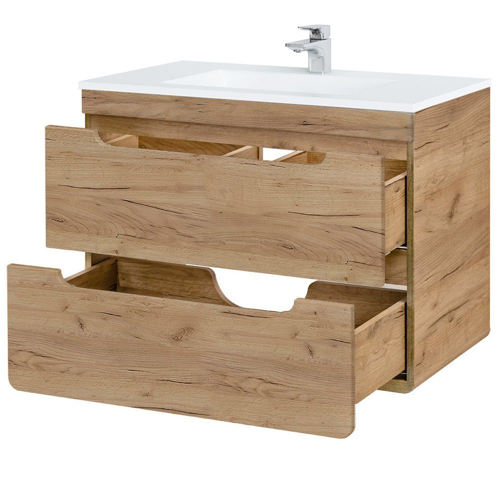 Lomadox Badmöbel-Set LUTON-56-CRAFT, (Spar-Set, 4-St., 4-tlg), Waschtisch und Spiegelschrank in Wotan Eiche Nb., 81/200/46 cm