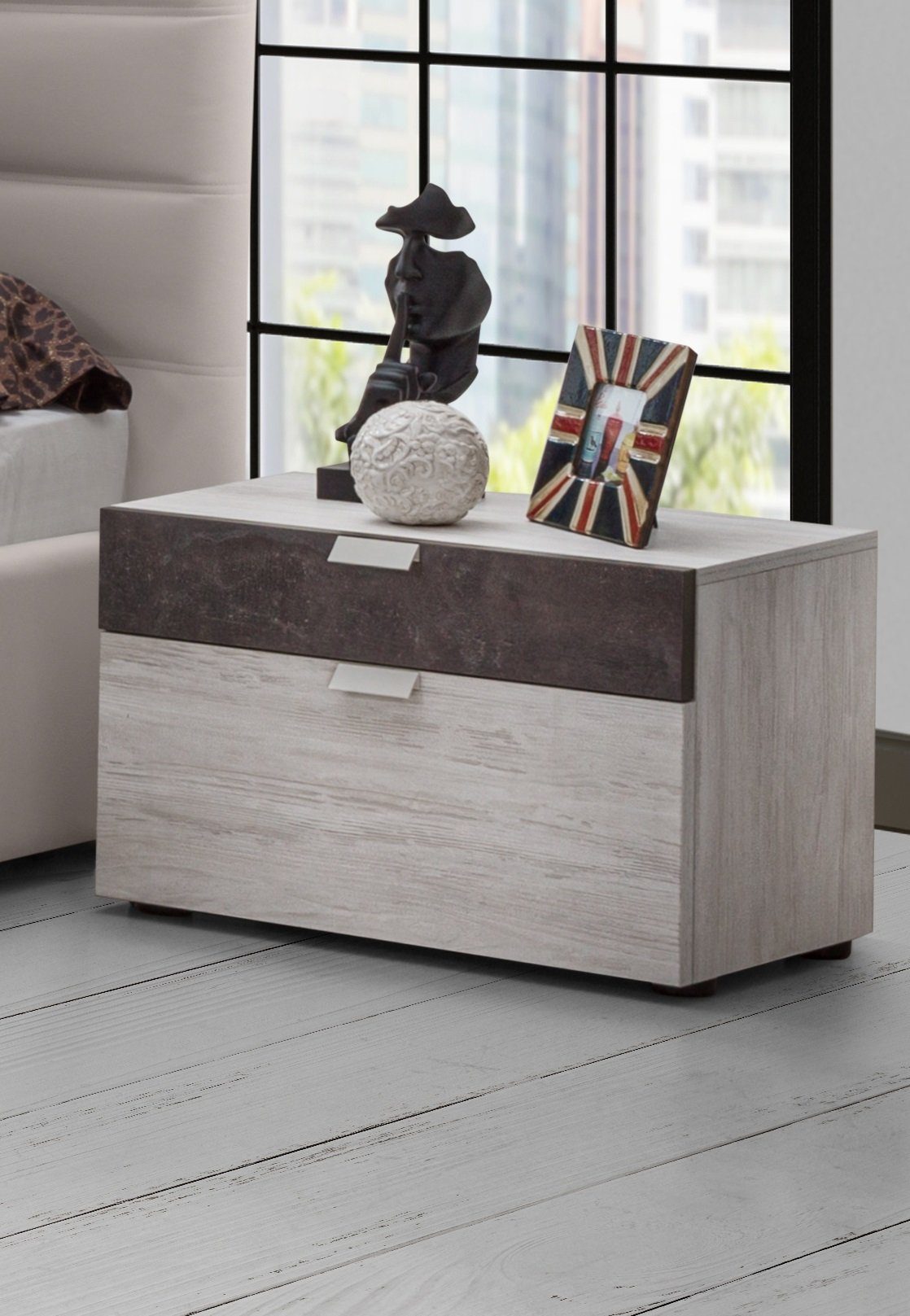 Interdesign24 Bettanlage Urbio, (3-teilig, bestehend aus Bett und 2 x Nachtkommode), in Creme/Beige/Braun