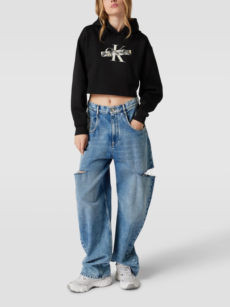 Cropped Hoodie mit Logo-Print Modell 'FLORALS' in black
