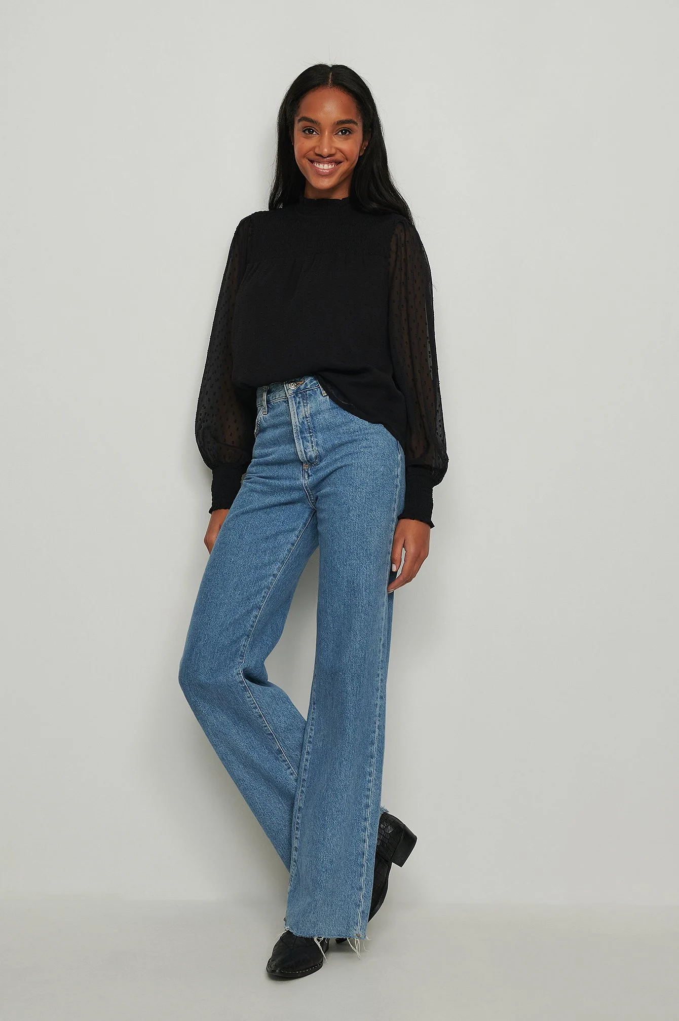 Recycelte ratière Smocked Rüschenausschnitt Bluse