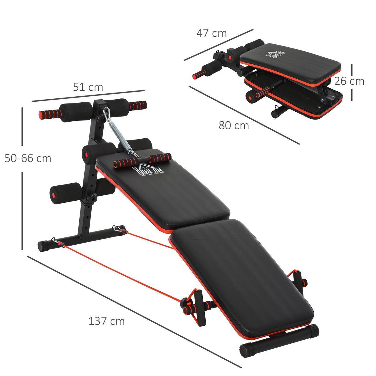 HOMCOM Sit Up Bank Bauchtrainer mit Trainingsseile Trainingsbank Multifunktion Schwarz Rot 51x137x50-66 cm