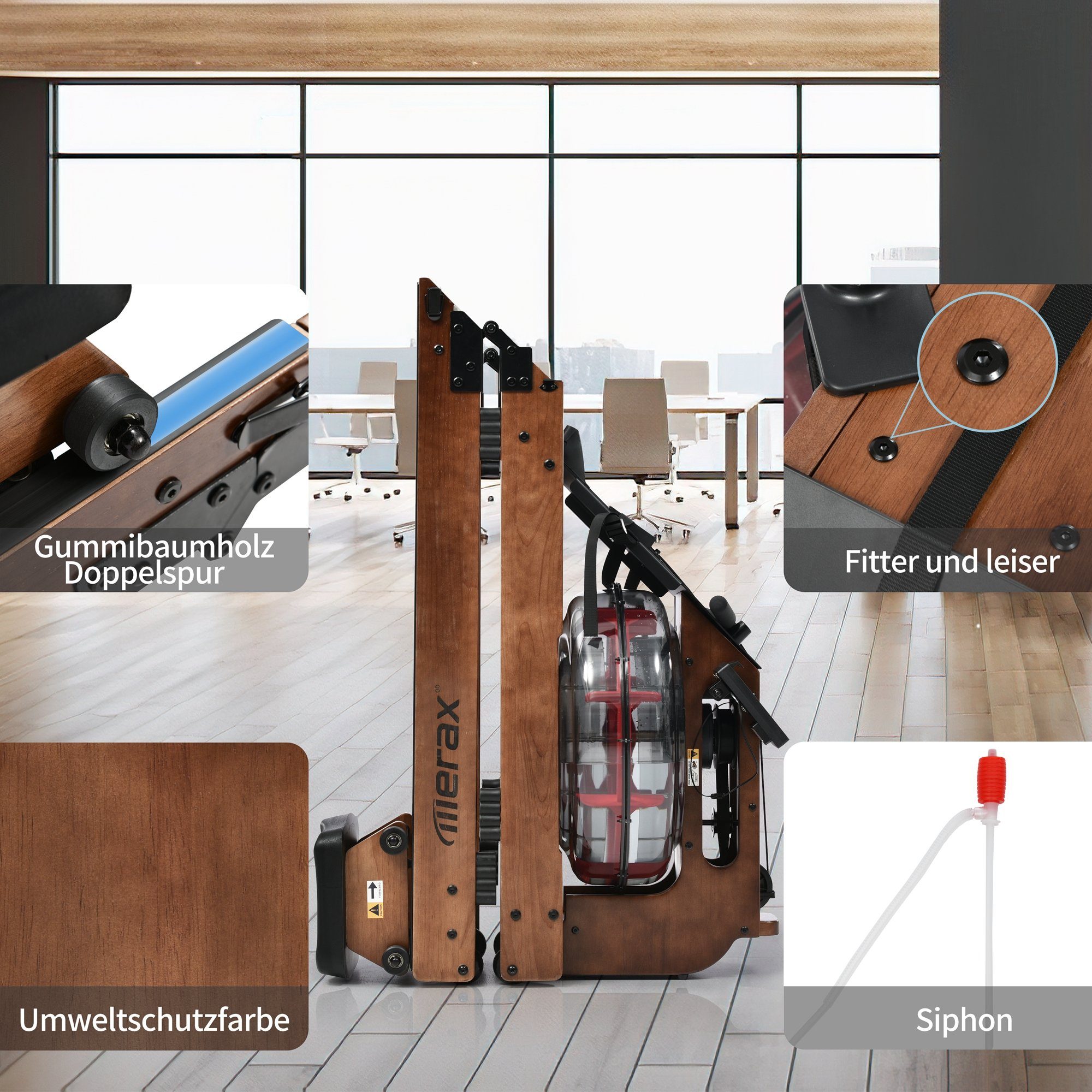 Merax Rudergerät mit APP und Display, Holz-Wasser-Rudergerät, Wasserrudergrät aus Massivholz, klappbar