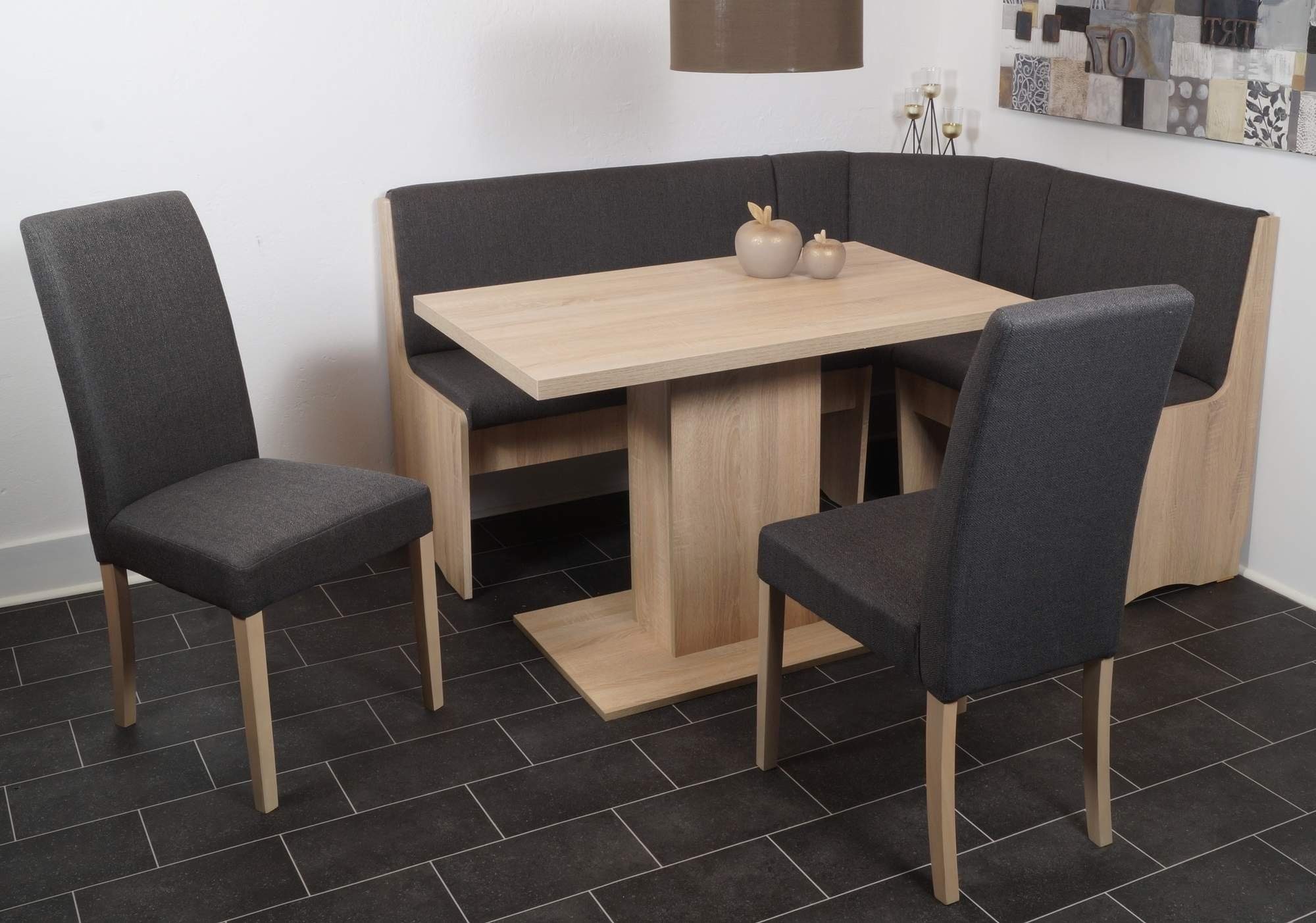 Trendmöbel24 Eckbankgruppe Eckbankgruppe DUISBURG mit Säulentisch Sonoma Eiche - Stoff Grau, (4-tlg)