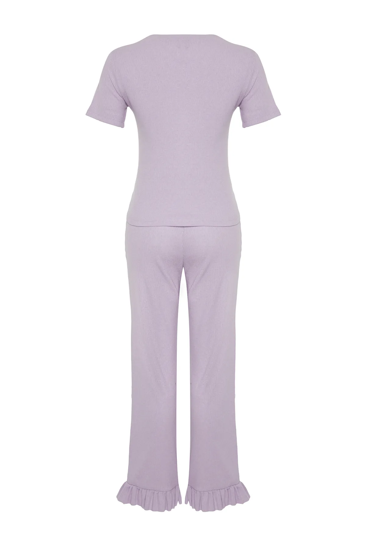 Trendyol Collection  Fliederfarbenes Pyjama-Set aus schnurgebundenem Strick mit Rüschen und Details THMSS24PT00209