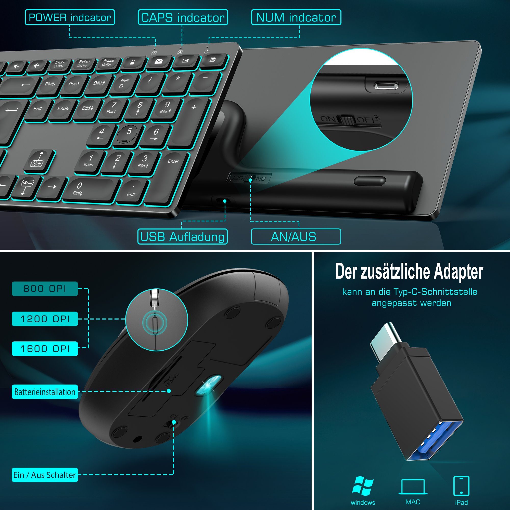 Vbrisi Kabelloses Tastatur Maus Set, Dünn 2.4GHz Tastatur Maus Set Kabellos Tastatur- und Maus-Set