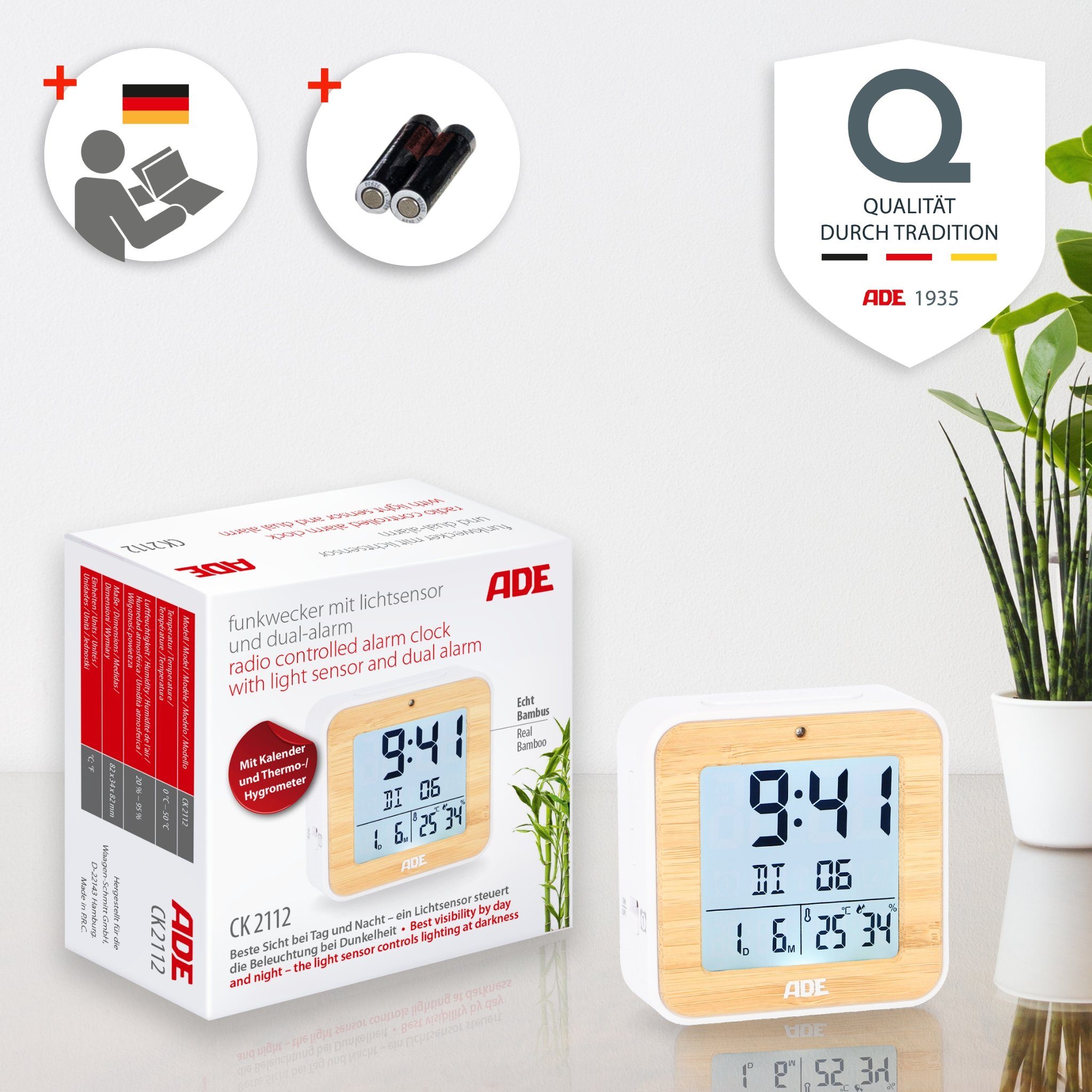 ADE Funkwecker Wecker digital funk mit Temperatur und Luftfeuchtigkeit automatischer Lichtsensor, 2 Weckzeiten, Schlummerfunktion