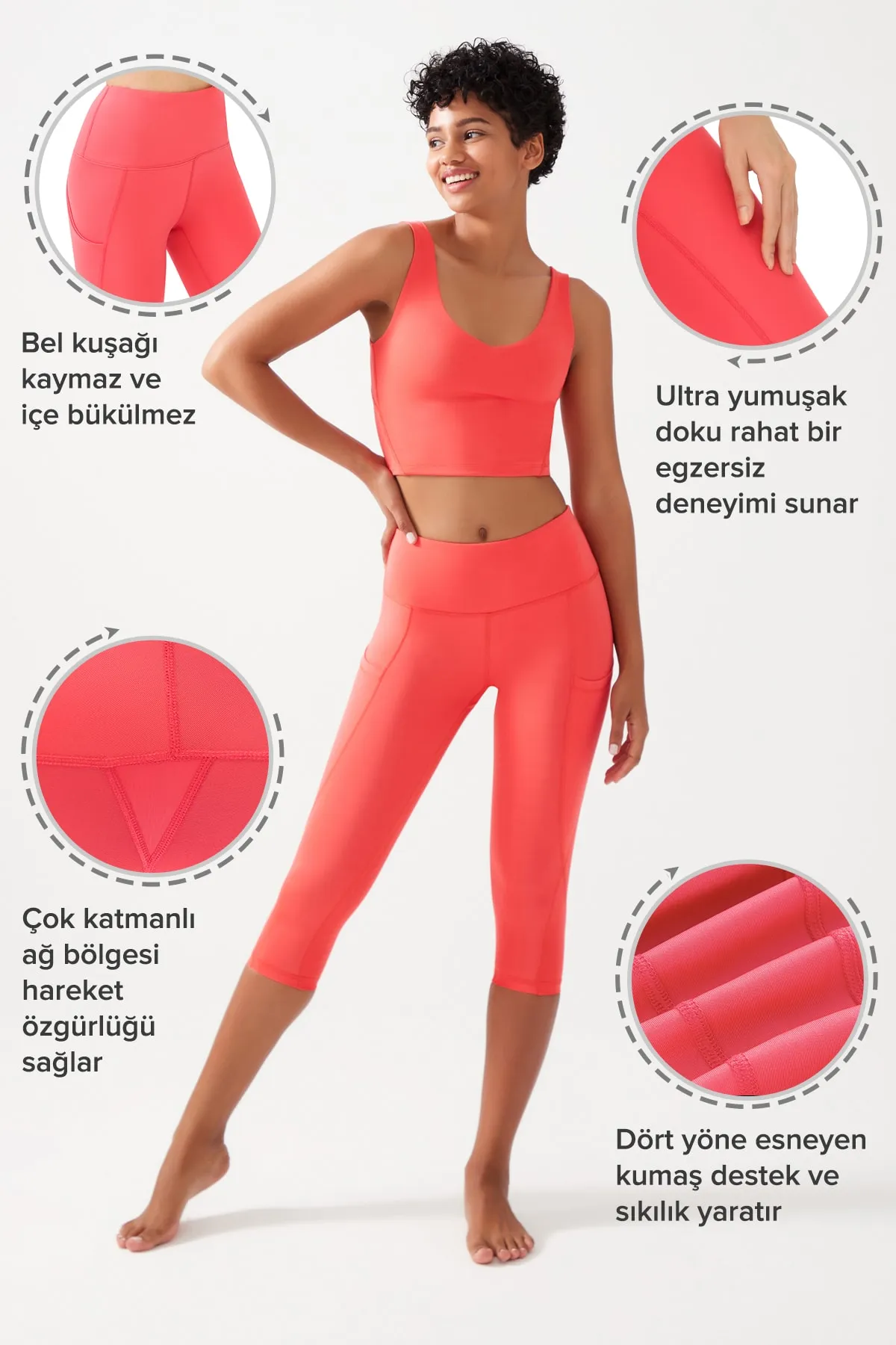 LOS OJOS  Damen-Capri-Leggings in Koralle mit hoher Taille, glättend, doppelte Tasche unterhalb des Knies