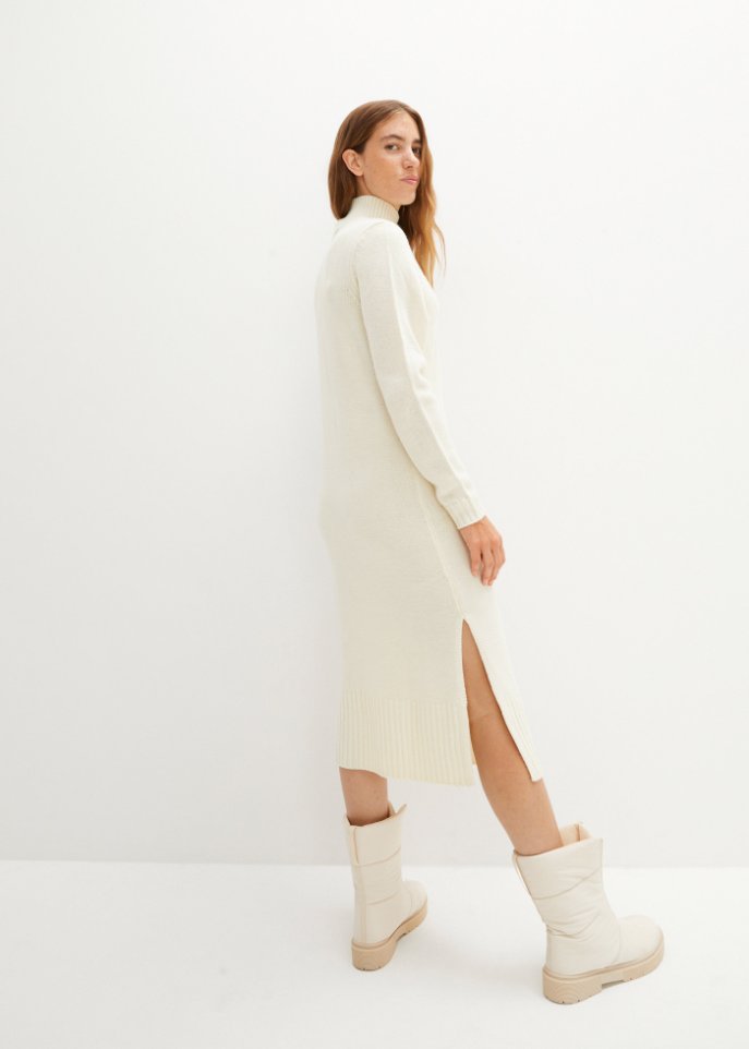 Strickkleid in Midi-Länge mit Stehkragen und Schlitzen