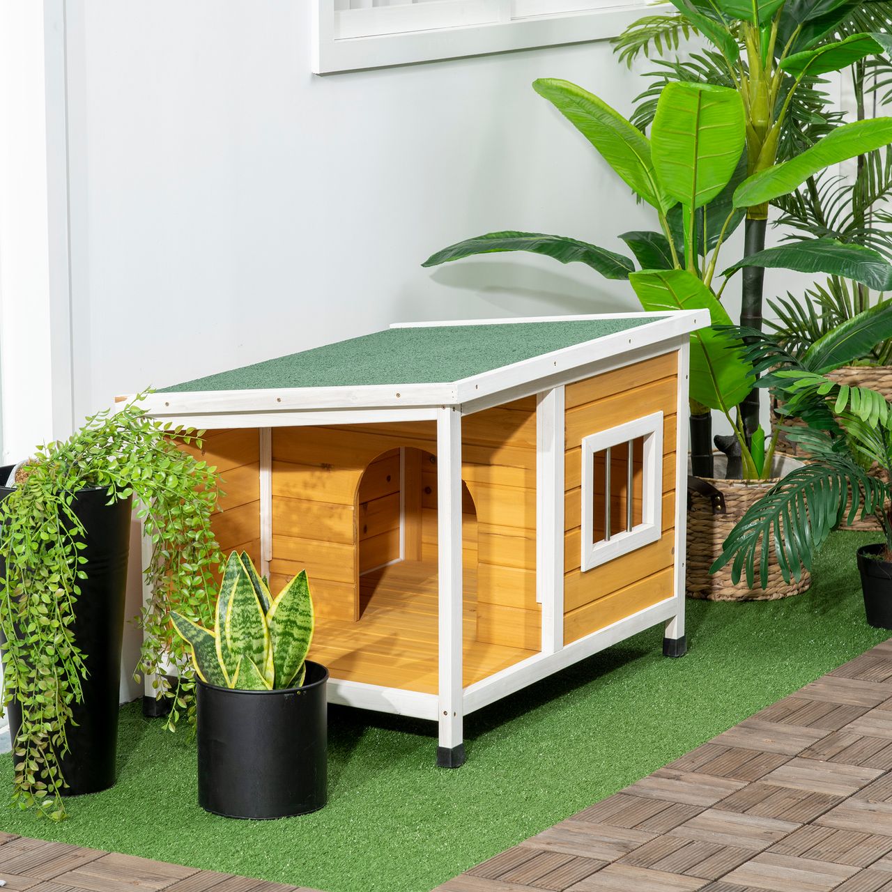 PawHut Hundehütte, Tannenholz, Kleintierhaus, Hundehaus mit Terrasse, Orange