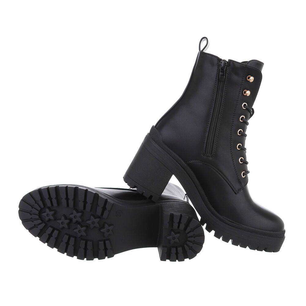 Ital-Design Damen Schnürschuhe Freizeit Schnürstiefelette Blockabsatz High-Heel Stiefeletten in Schwarz