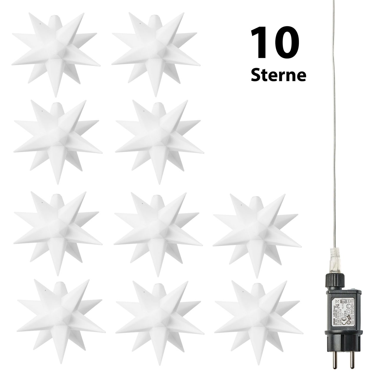 Weles AMARE LED 10er Sternenlichterkette weiß Durchmesser der Sterne je 12 cm, Länge der Kette 6,75 m (zzgl. 5 m Zuleitung), LED Farbe warmweiß, CE geprüft, für den Innen- und Außenbereich, Timer